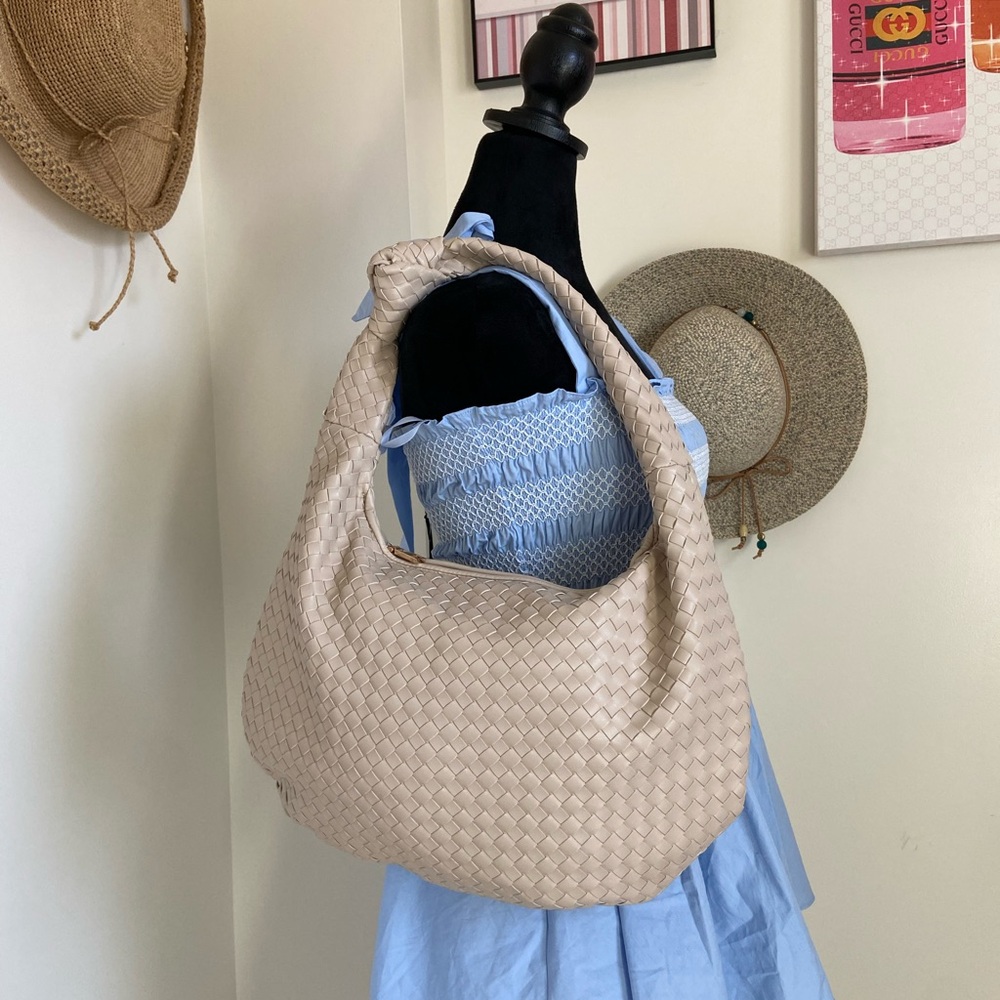 Melie Bianco Beige Woven Hobo Shoulder Bag